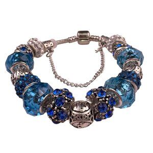 Sterling Silver Womens Multicolor Crystal Beaded European Style Charm Bracelet